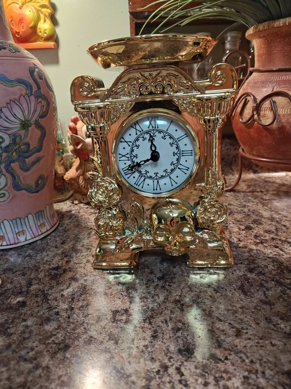 Bath & Body Works Skull Rose Gold Clock 3 Wick Candle Holder Pedestal